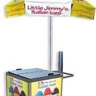 A portable Italian ice cart with a yellow, branded umbrella and a cooler display featuring Little Jimmy's branding.