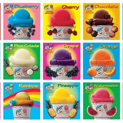 A grid of nine Little Jimmy’s Italian Ice flavors, each featuring a cup of colorful sorbet with its corresponding fruit.