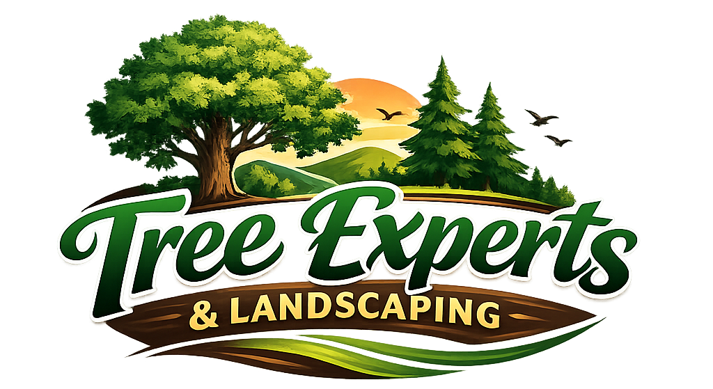 Tree Experts & Landscaping logo with tree, pine trees, sunset, and green-brown text