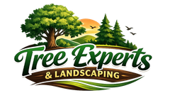Tree Experts & Landscaping logo with tree, pine trees, sunset, and green-brown text