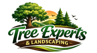 Tree Experts & Landscaping logo with tree, pine trees, sunset, and green-brown text