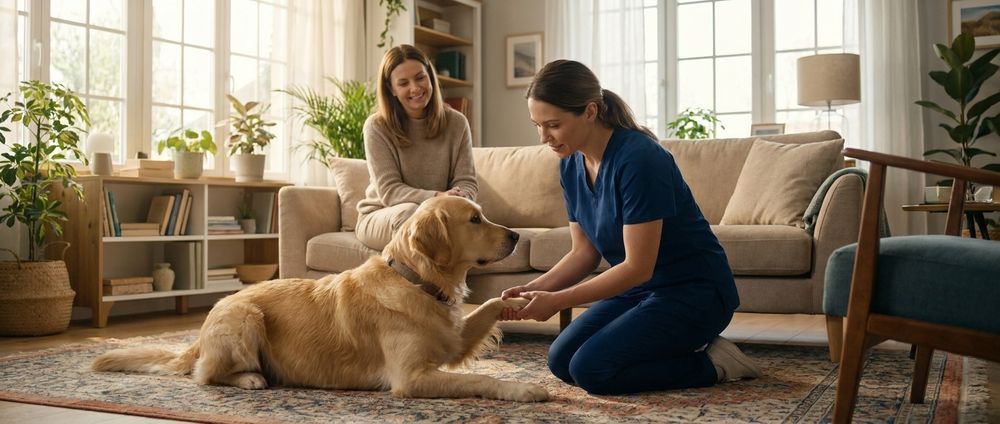 Two women in a bright living room pet a golden retriever lying on a rug.