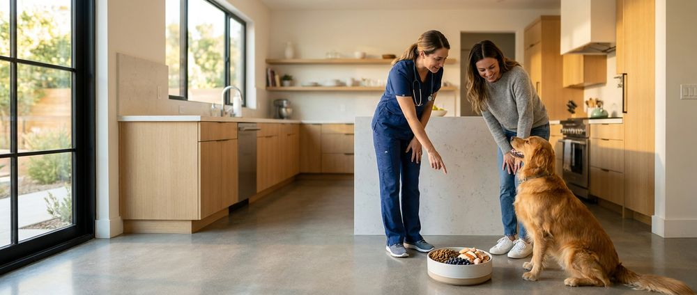 Two people in a kitchen feeding a golden retriever by a bowl on the floor