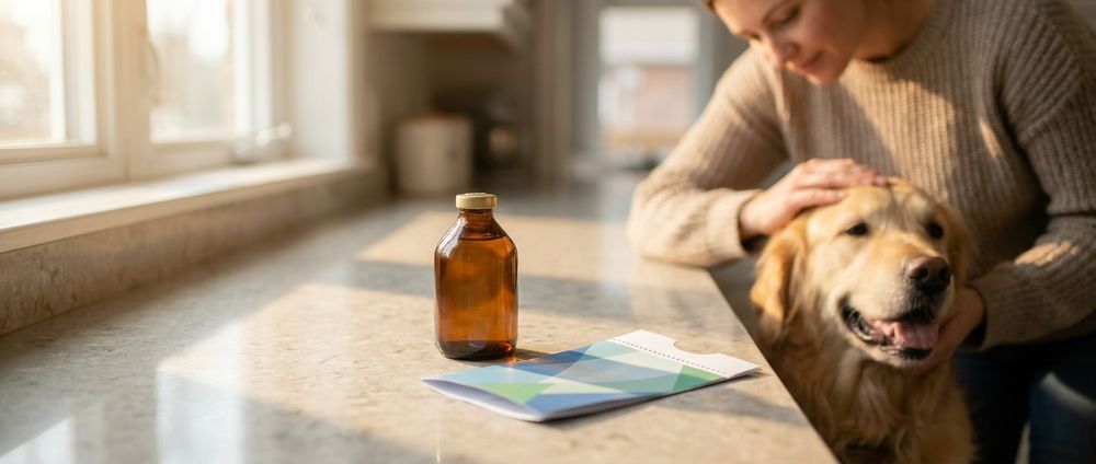 Person petting a happy dog beside an amber medicine bottle and pills on a kitchen counter