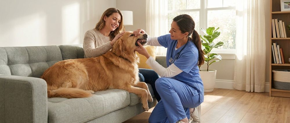 Woman kneeling beside a sofa brushes a golden retriever while another woman smiles nearby in a bright living room
