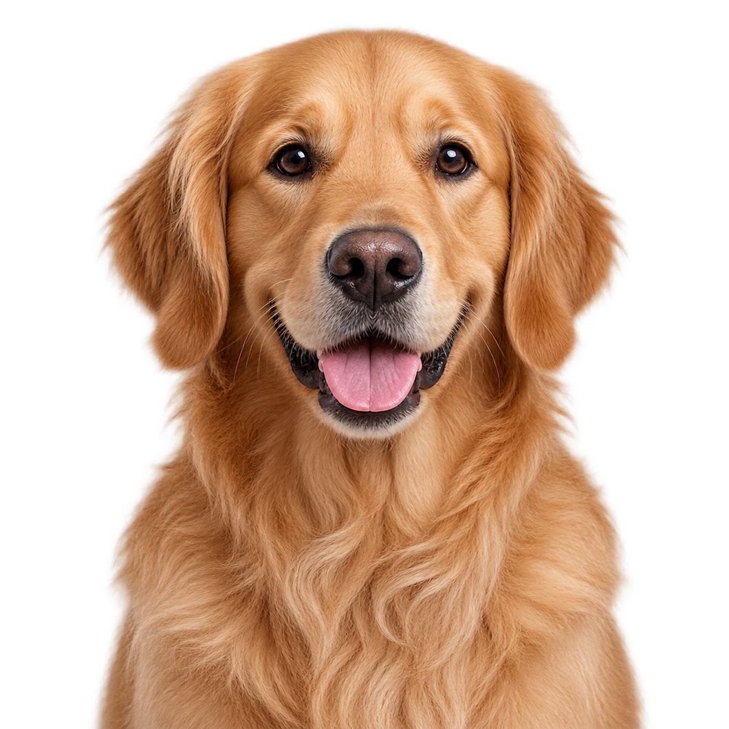 Golden retriever sitting and looking at the camera with tongue out against a white background
