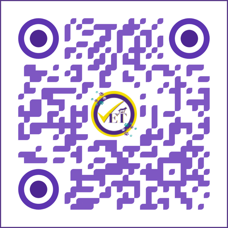 Purple QR code with a circular VET logo in the center and corner finder markers