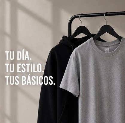 Dos camisetas básicas en perchas, una negra y otra gris