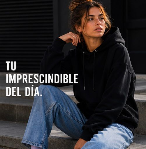 Mujer con sudadera negra y vaqueros sentada al aire libre