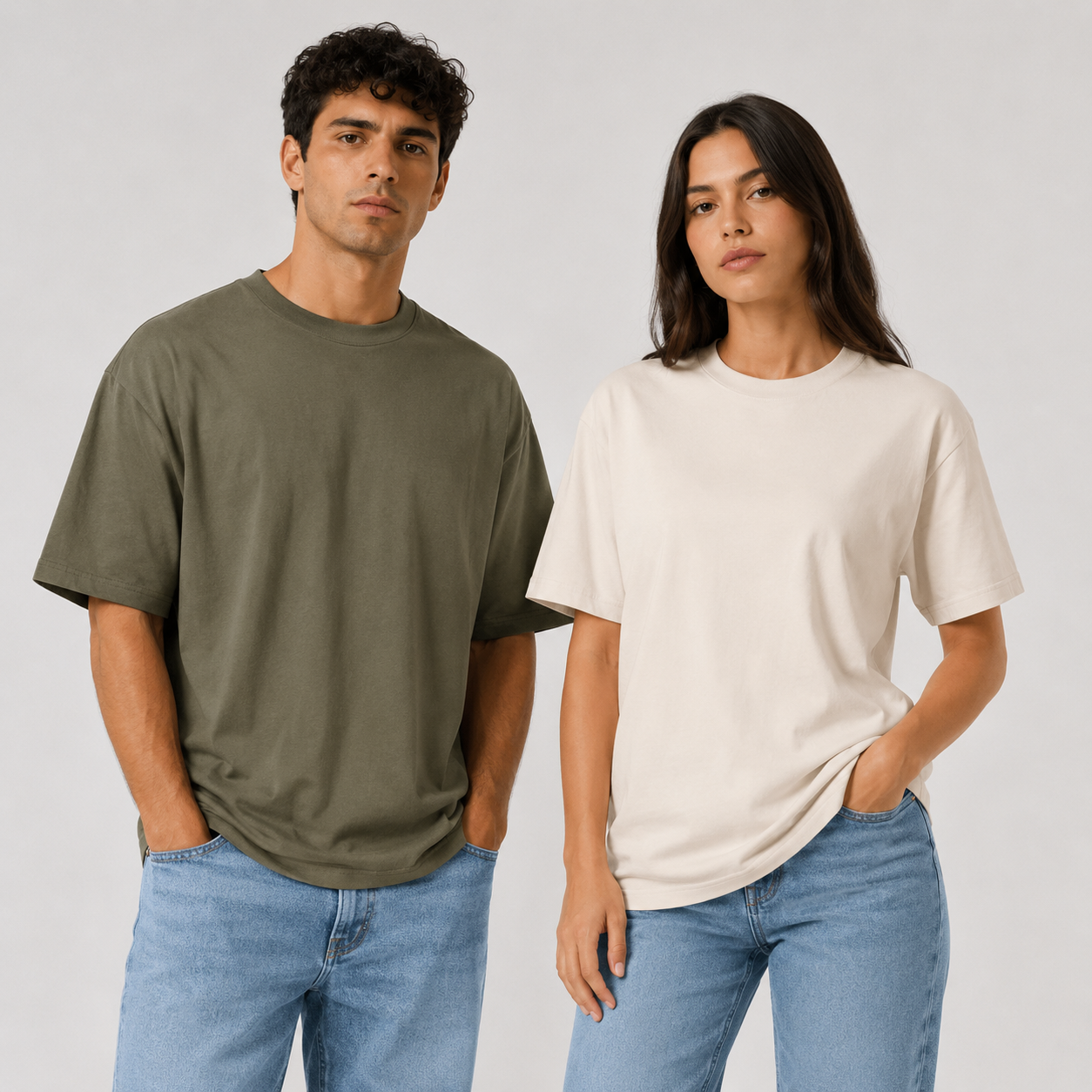Dos modelos con camisetas extragrandes y vaqueros sobre un fondo claro liso.