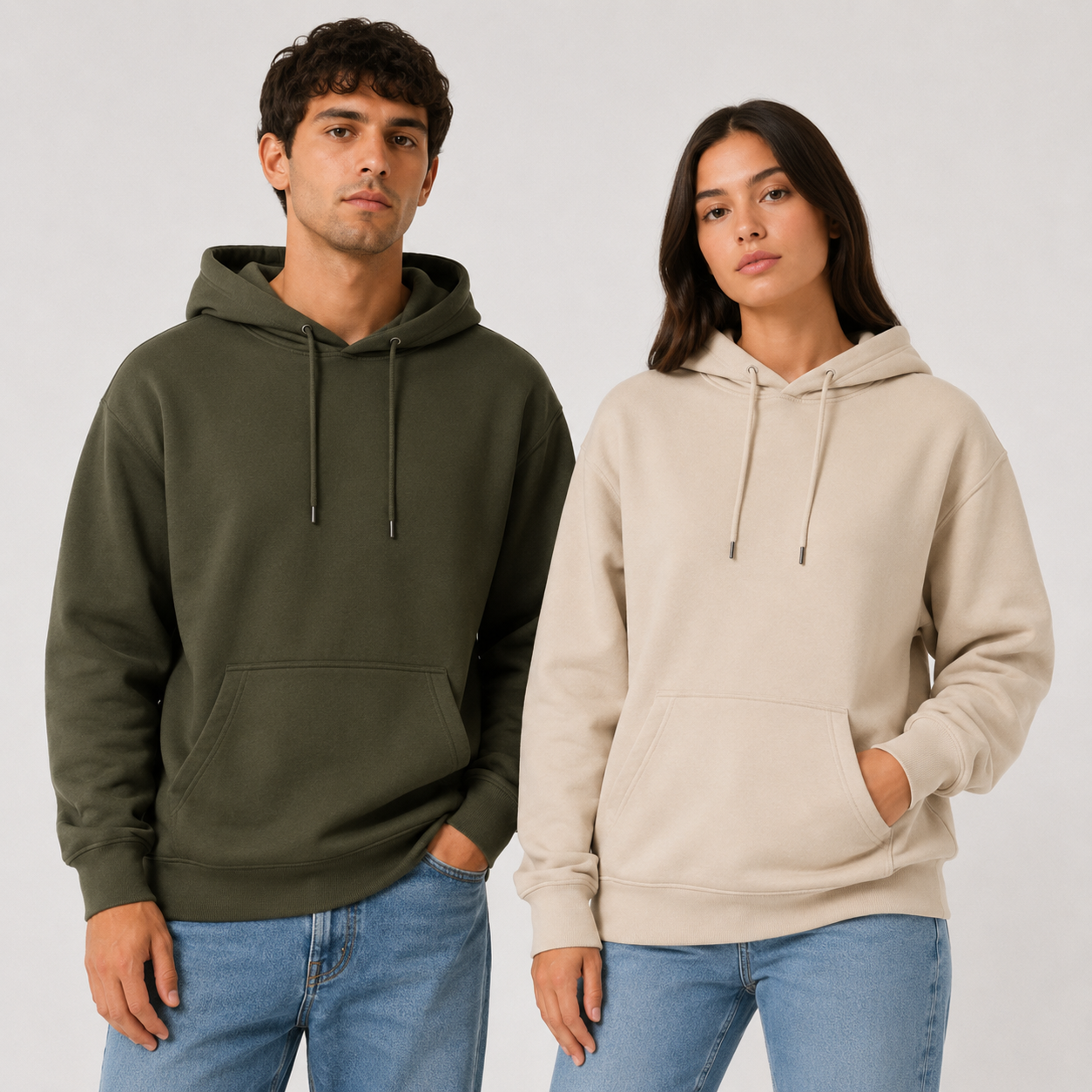 Dos modelos con sudaderas con capucha, una verde oliva y otra beige, posando sobre un fondo blanco liso.