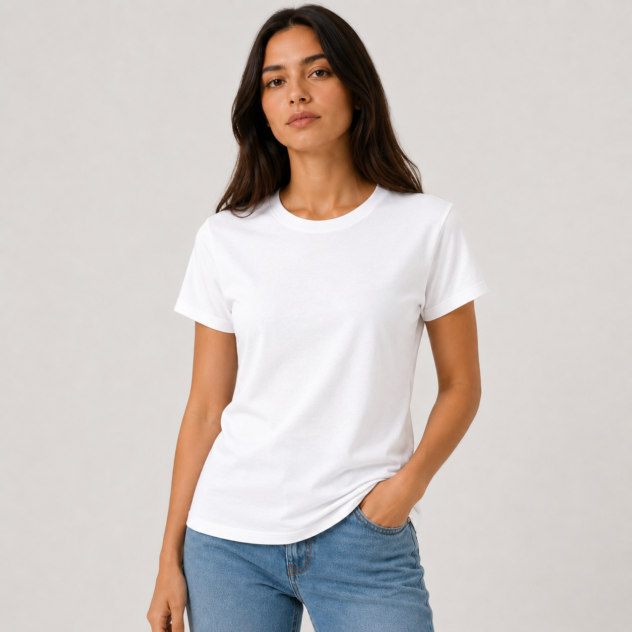 Woman in a white T-shirt and blue jeans standing against a light background with one hand in her pocket