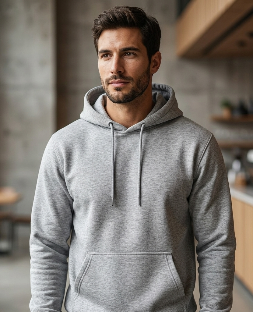 Un hombre con una sudadera con capucha gris claro está de pie en un ambiente interior moderno, mirando hacia un lado.