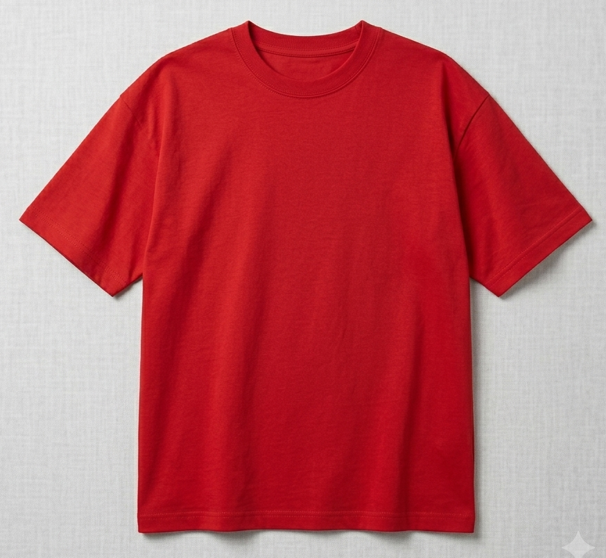 Persona de pie sobre un fondo gris claro, con una camiseta roja brillante y una sonrisa amable.