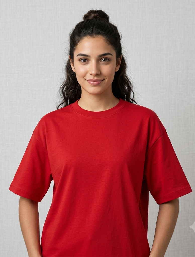 Persona de pie sobre un fondo gris claro, con una camiseta roja brillante y una sonrisa amable.