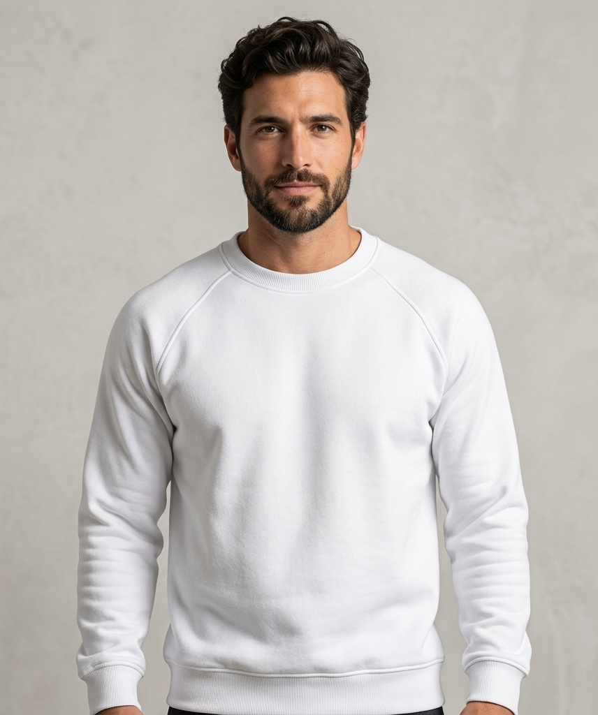 Hombre con sudadera blanca de pie sobre un fondo gris liso