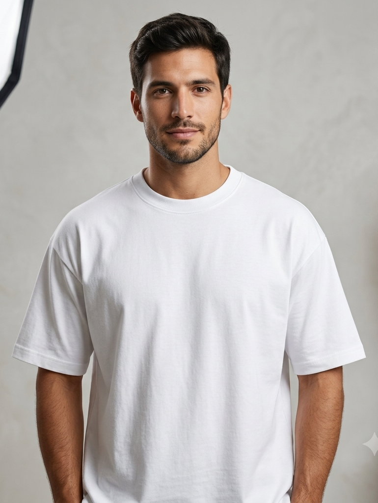 Hombre con una camiseta blanca lisa, de pie sobre un fondo gris claro.