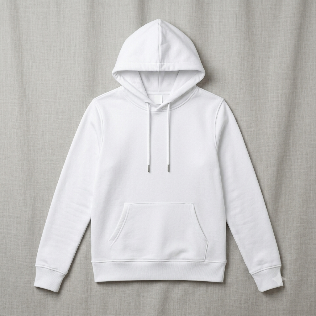Mujer con sudadera blanca de pie sobre un fondo gris, con las manos en los bolsillos y una leve sonrisa.