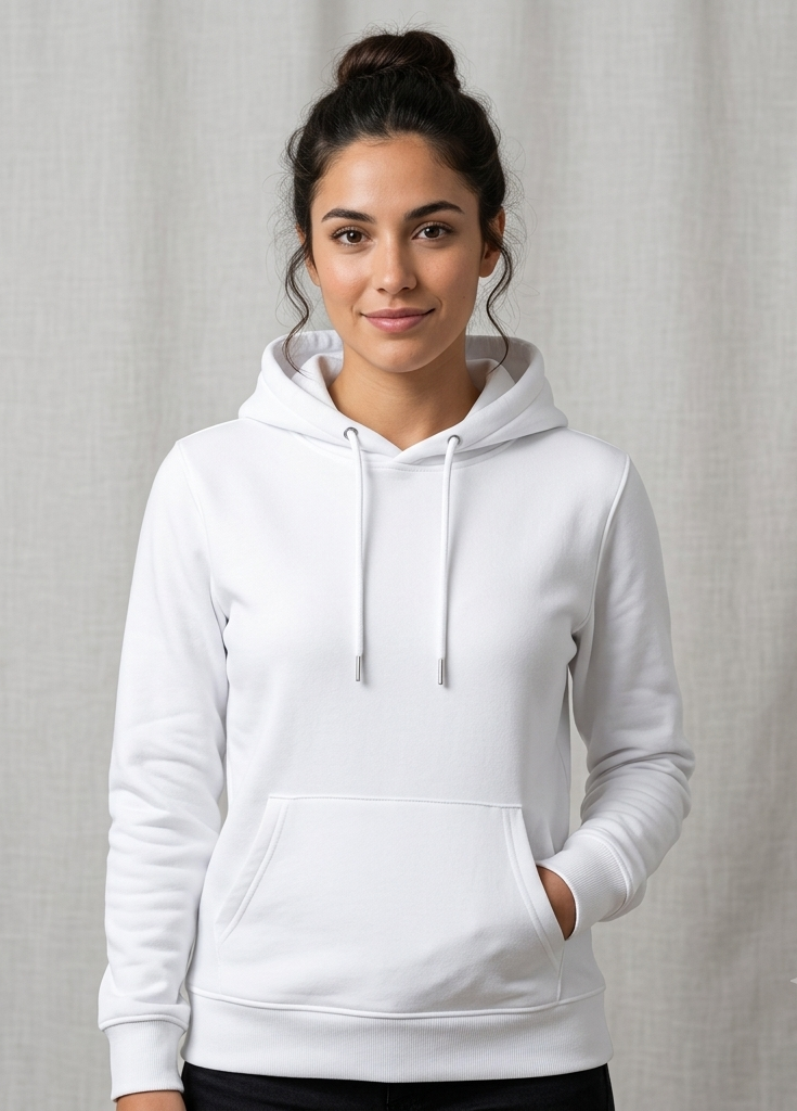 Mujer con sudadera blanca de pie sobre un fondo gris, con las manos en los bolsillos y una leve sonrisa.