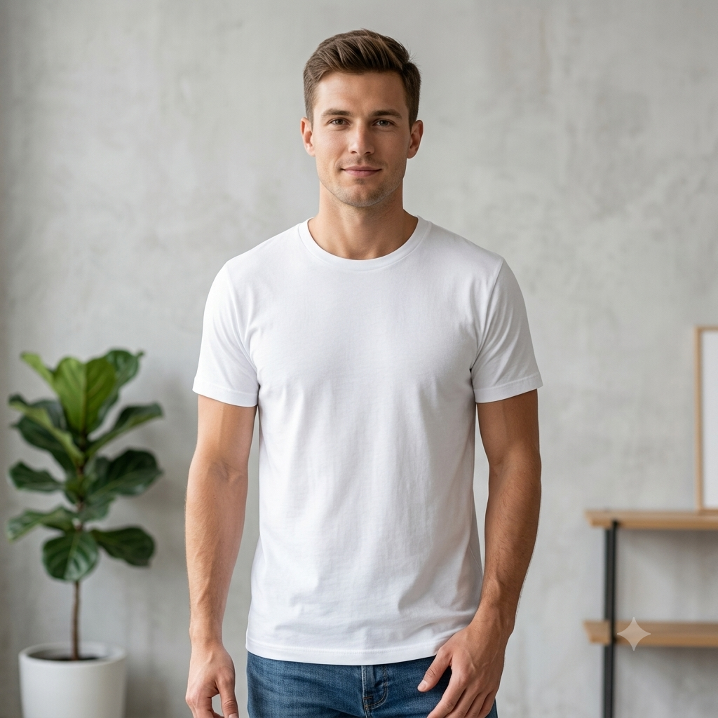 Hombre de pie en el interior de una vivienda, con una camiseta blanca