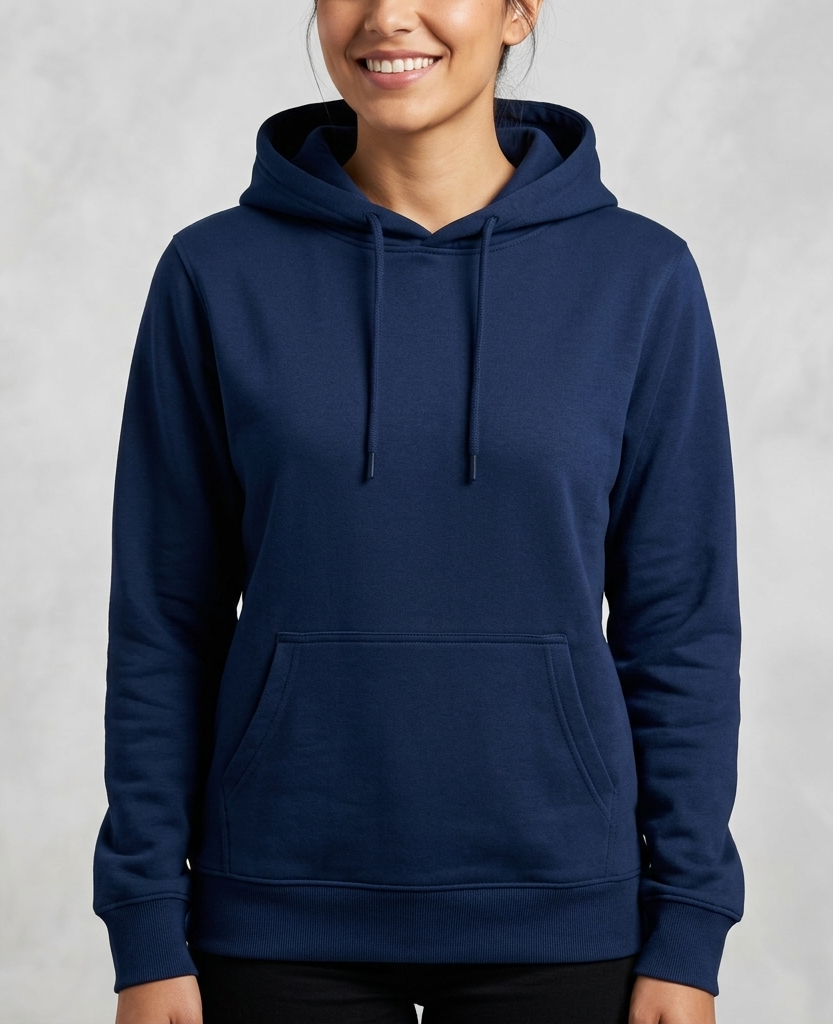 Persona con una sudadera azul marino con bolsillo delantero, sonriendo sobre un fondo gris claro.