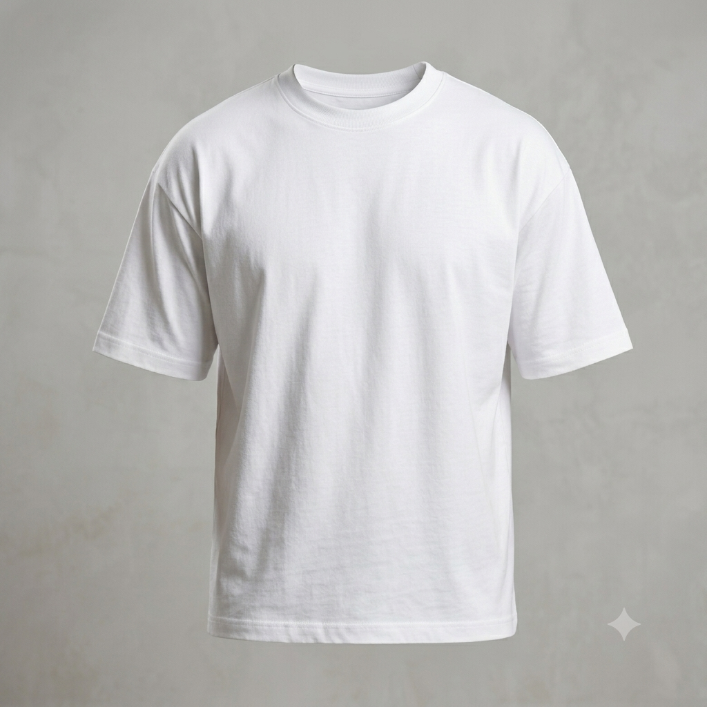 Hombre con una camiseta blanca lisa, de pie sobre un fondo gris claro.