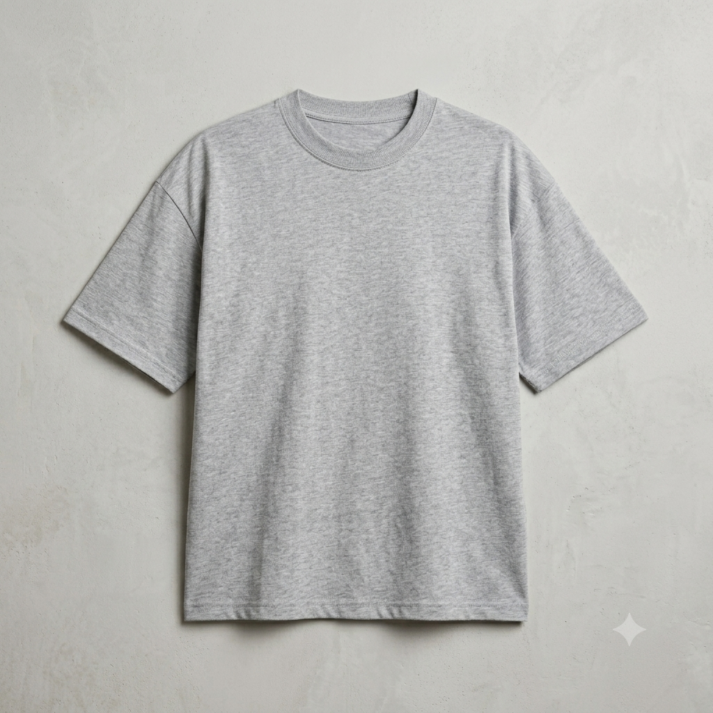 Mujer con una camiseta gris extragrande de pie sobre un fondo gris liso.