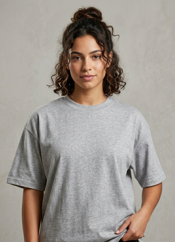 Mujer con una camiseta gris extragrande de pie sobre un fondo gris liso.