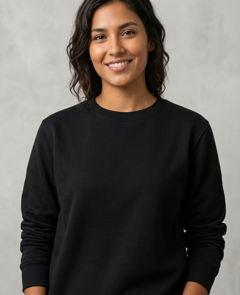 Persona sonriente con una sudadera negra sobre un fondo gris claro.
