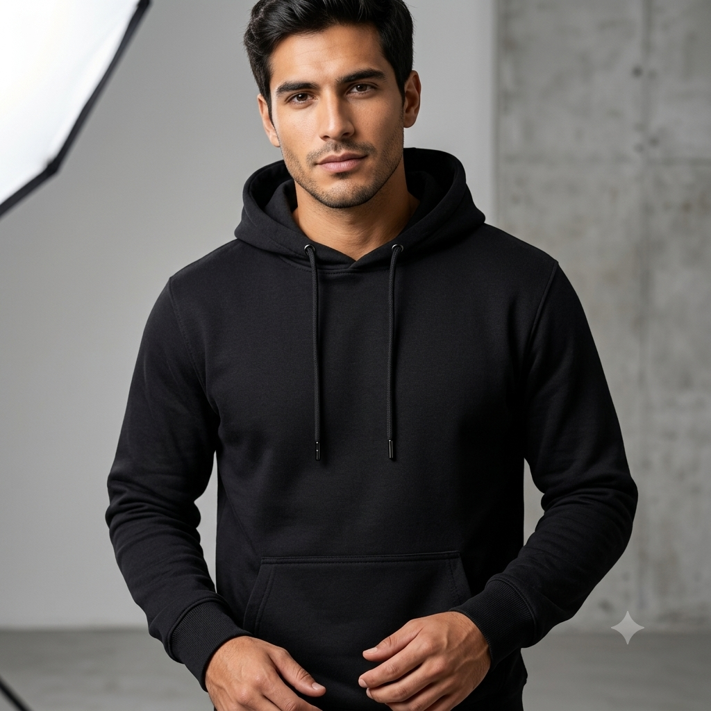 Hombre con sudadera negra posando frente a un fondo de estudio gris.