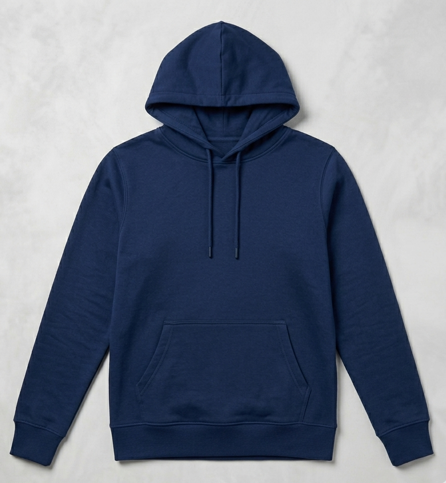 Persona con una sudadera azul marino con bolsillo delantero, sonriendo sobre un fondo gris claro.