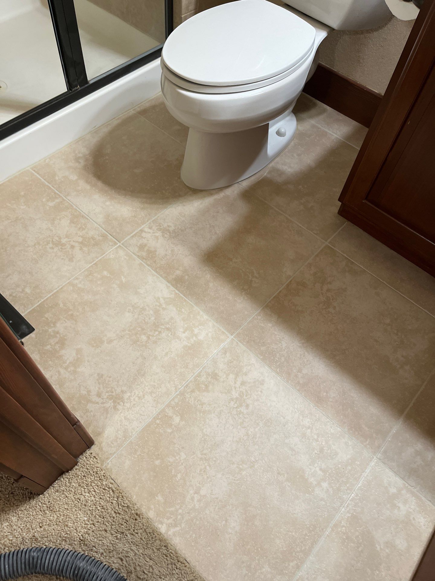 Bathroom with beige tile floor, white toilet, and partial view of shower glass and vanity.