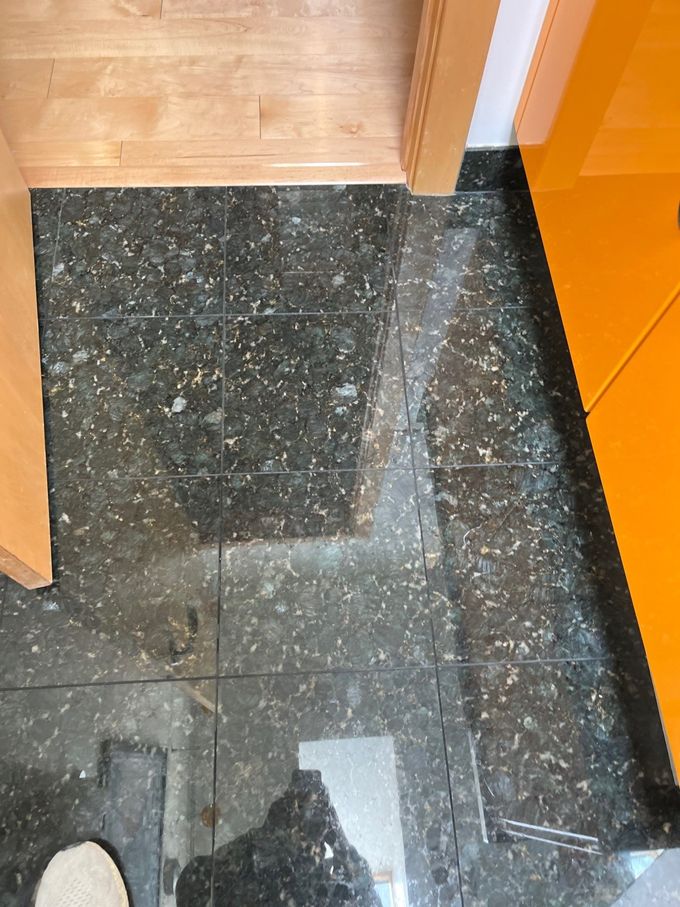 Shiny black tile floor with a wooden threshold and an open door at the edge.