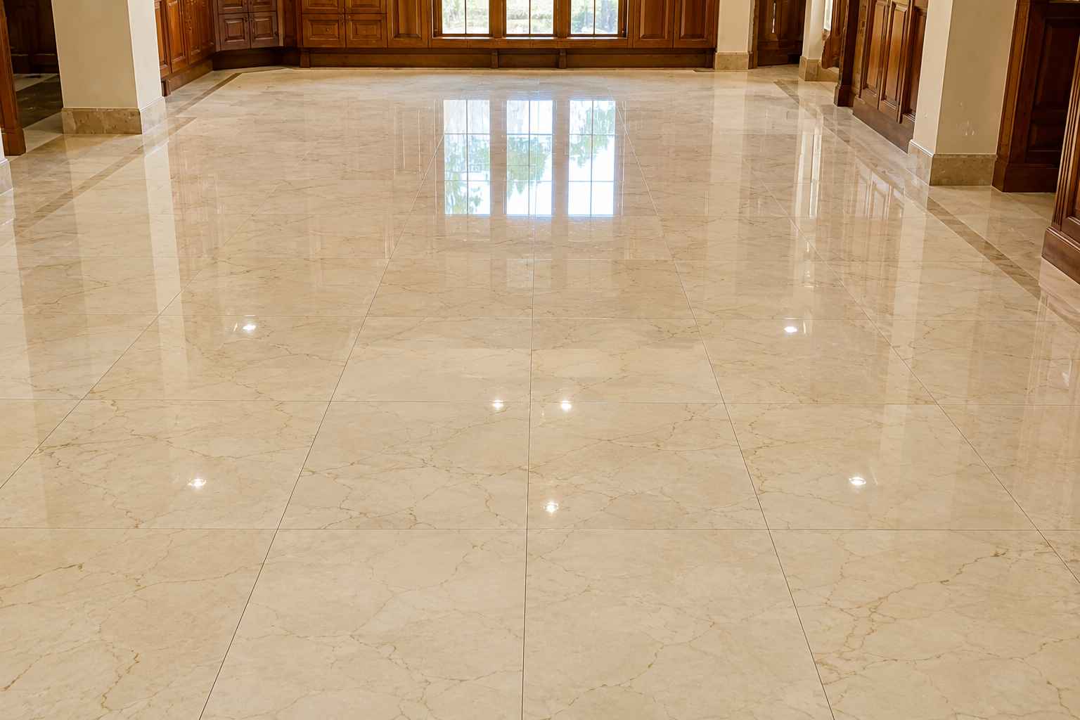 Polished beige marble floor reflecting windows in an empty hallway