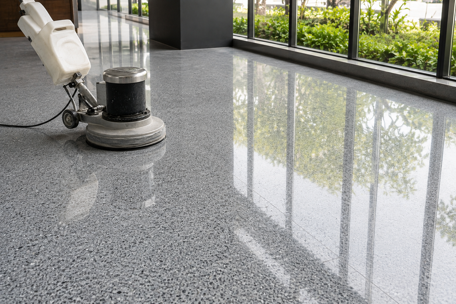 Floor-cleaning machine polishing a glossy speckled lobby floor by large windows