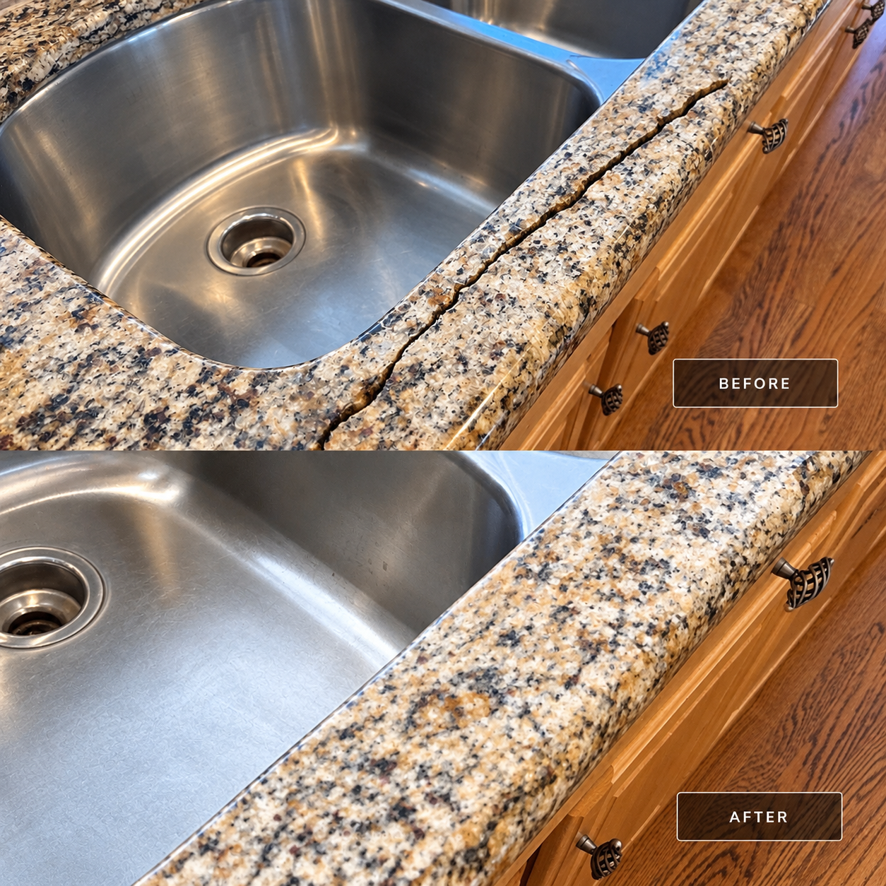 Bathroom sink with marble countertop, soap dispenser, hand towel, and a hexagon-tile floor.