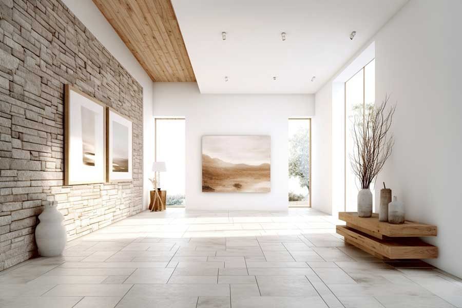 White tiled wall above beige marble baseboard and dark wood floor, with a cardboard box at right edge
