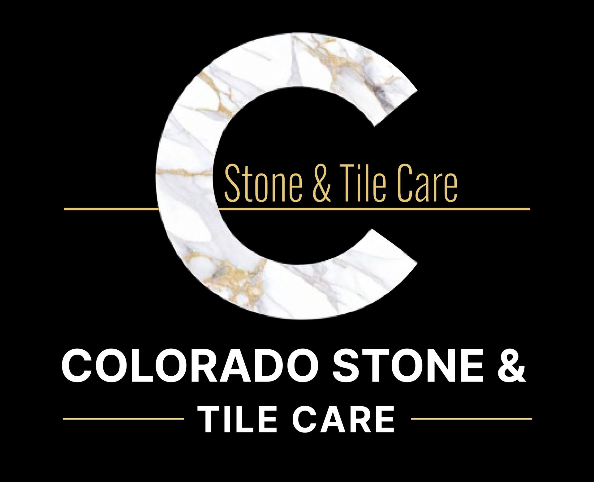 Colorado Stone & Tile Care logo with white marble C and gold text on black background