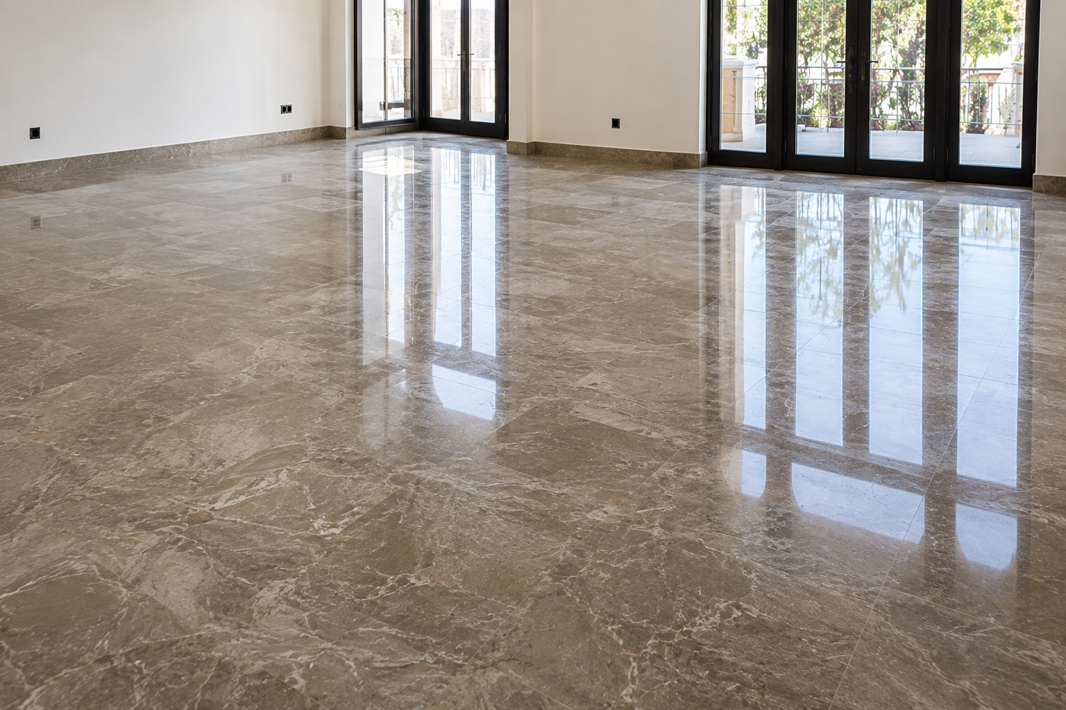 Empty polished marble-floored room with large windows and reflections