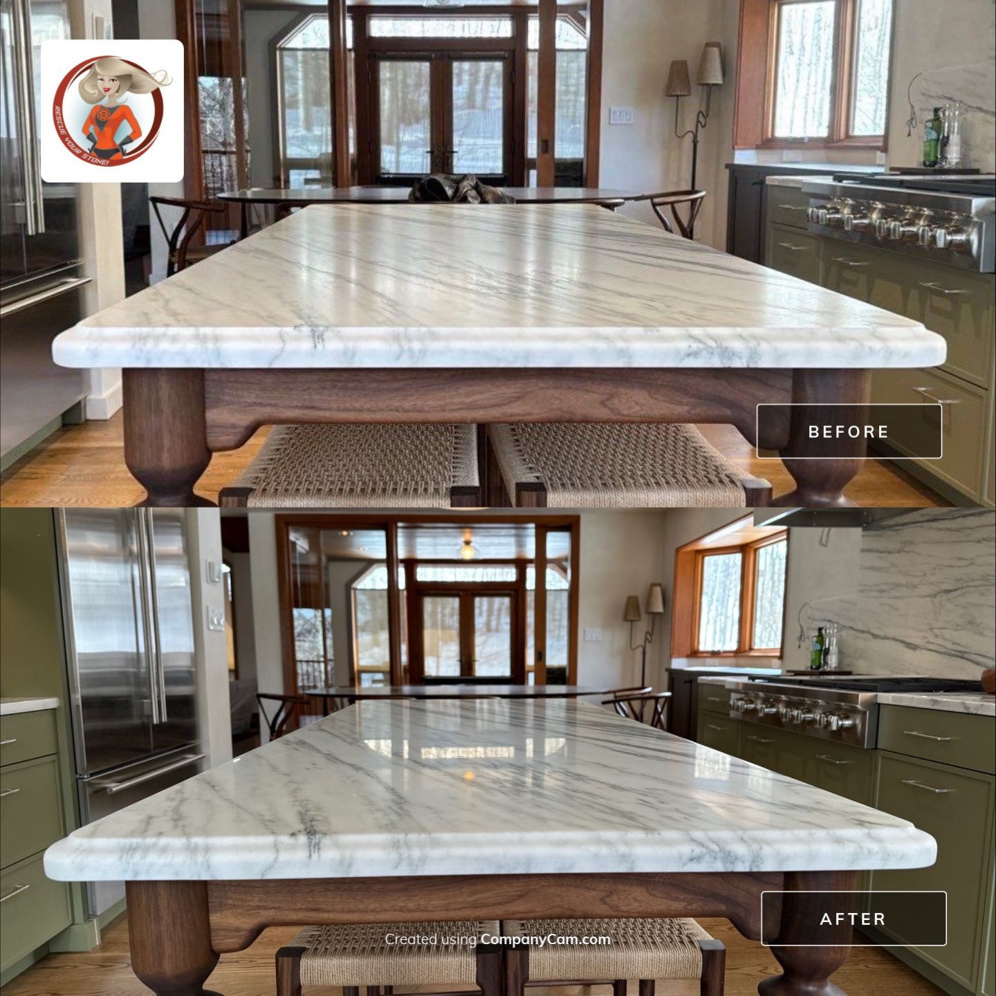 Marble dining table in a kitchen, before and after cleaning, with the cleaned surface reflecting light.