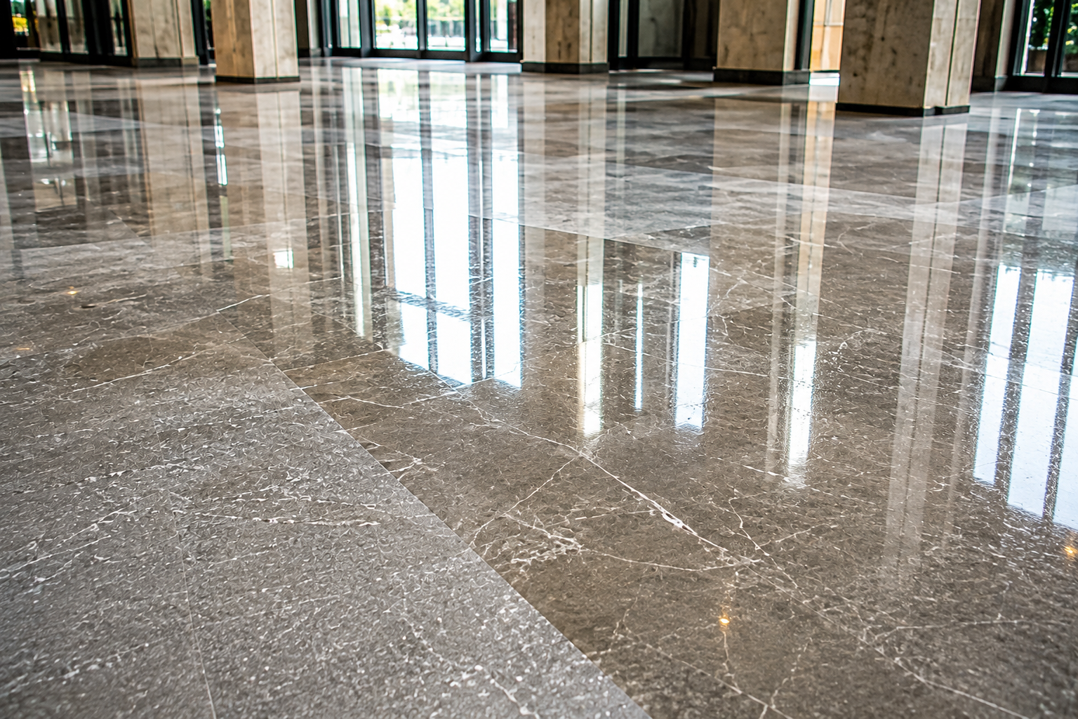 Shiny polished lobby floor reflecting windows and columns in a modern building
