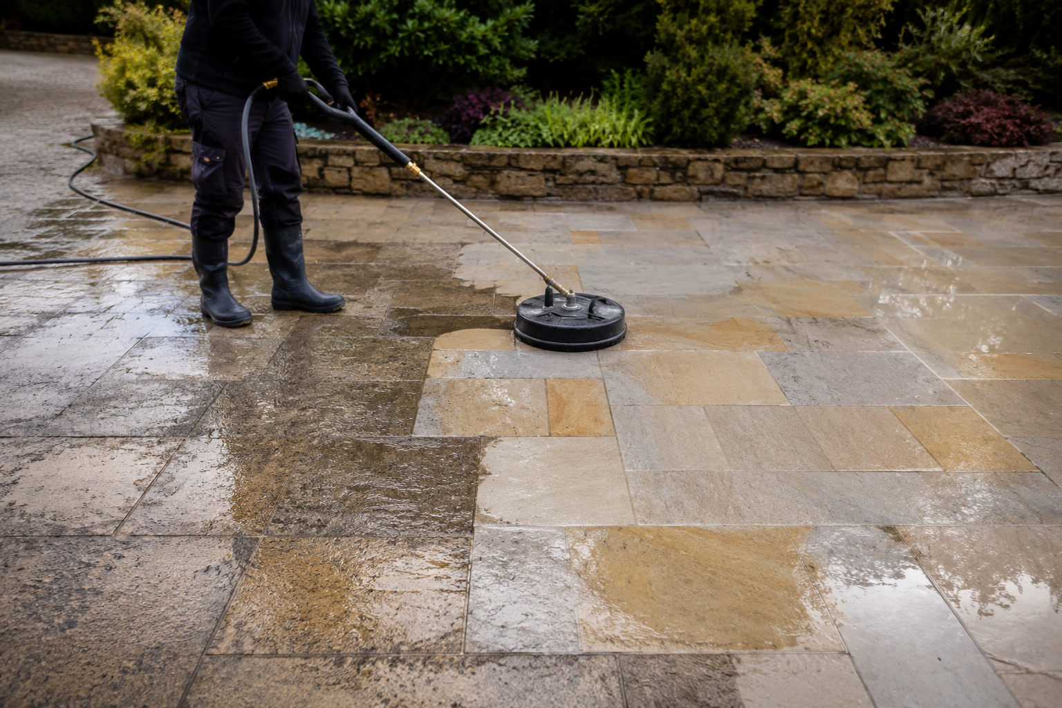 Person pressure-washing a stone patio, with wet and clean sections visible