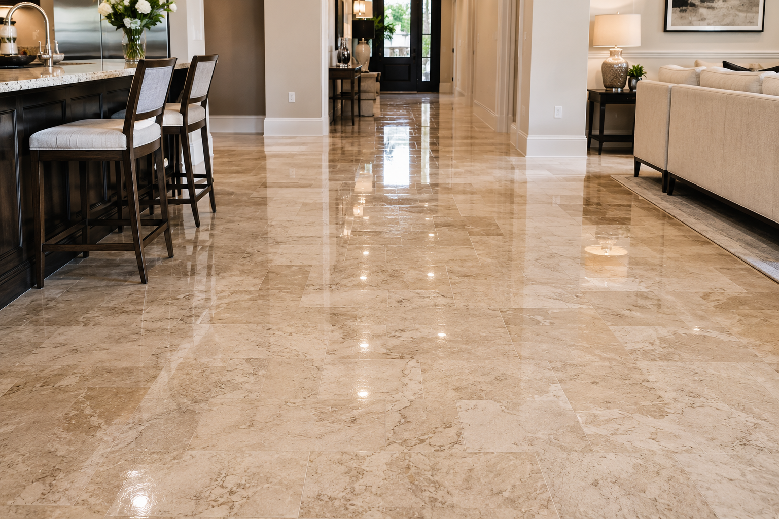 Polished beige marble floor in a bright living and dining area with a table, sofa, and entryway view