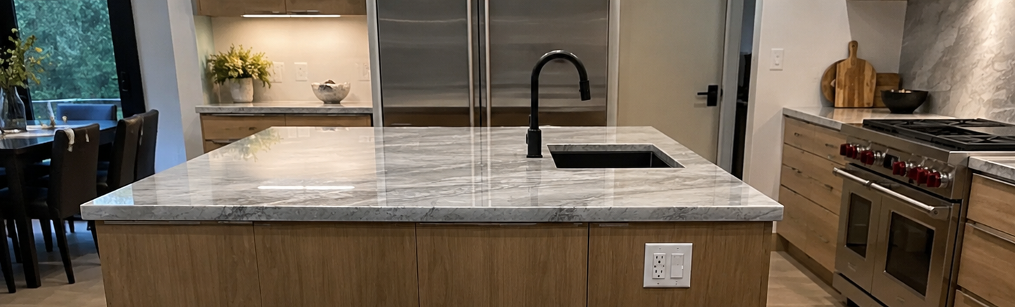 Modern kitchen with marble island, black faucet, stainless appliances, and wood-paneled base cabinets