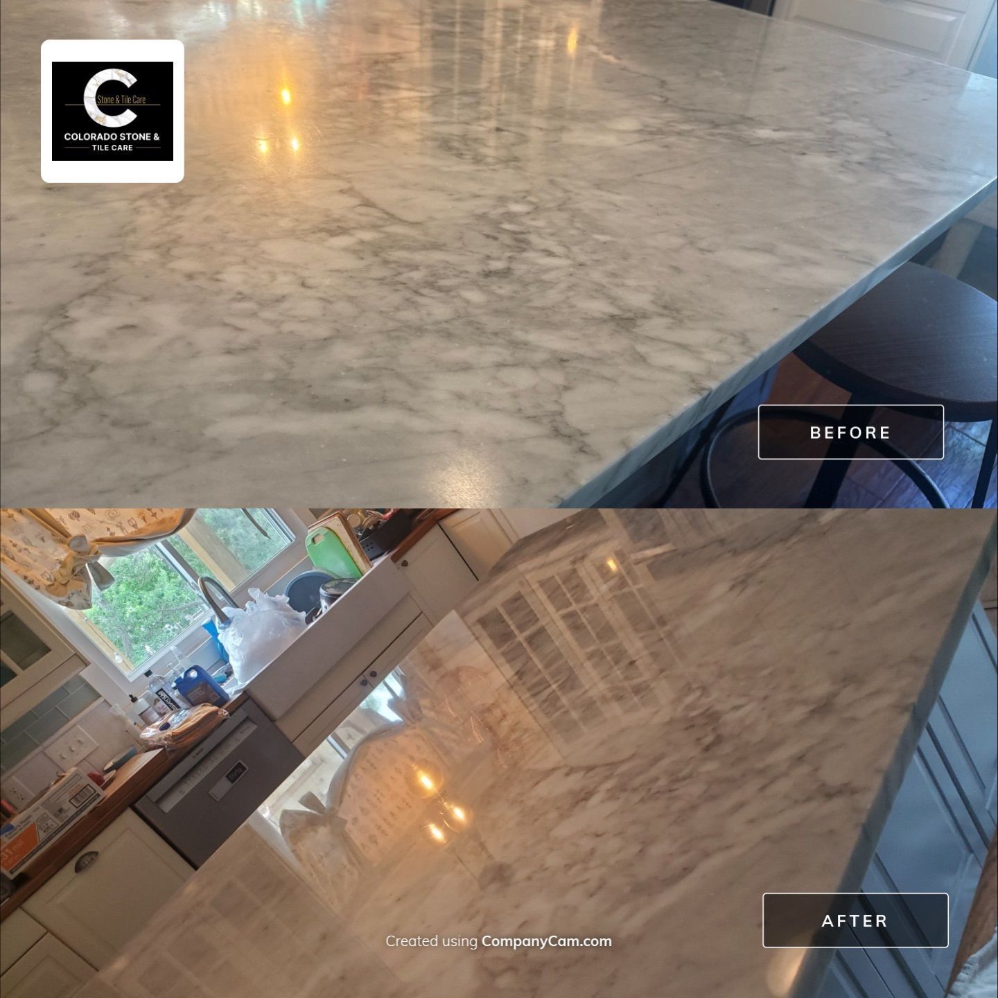 Glossy light wood dining table with a window reflection and a few small light spots