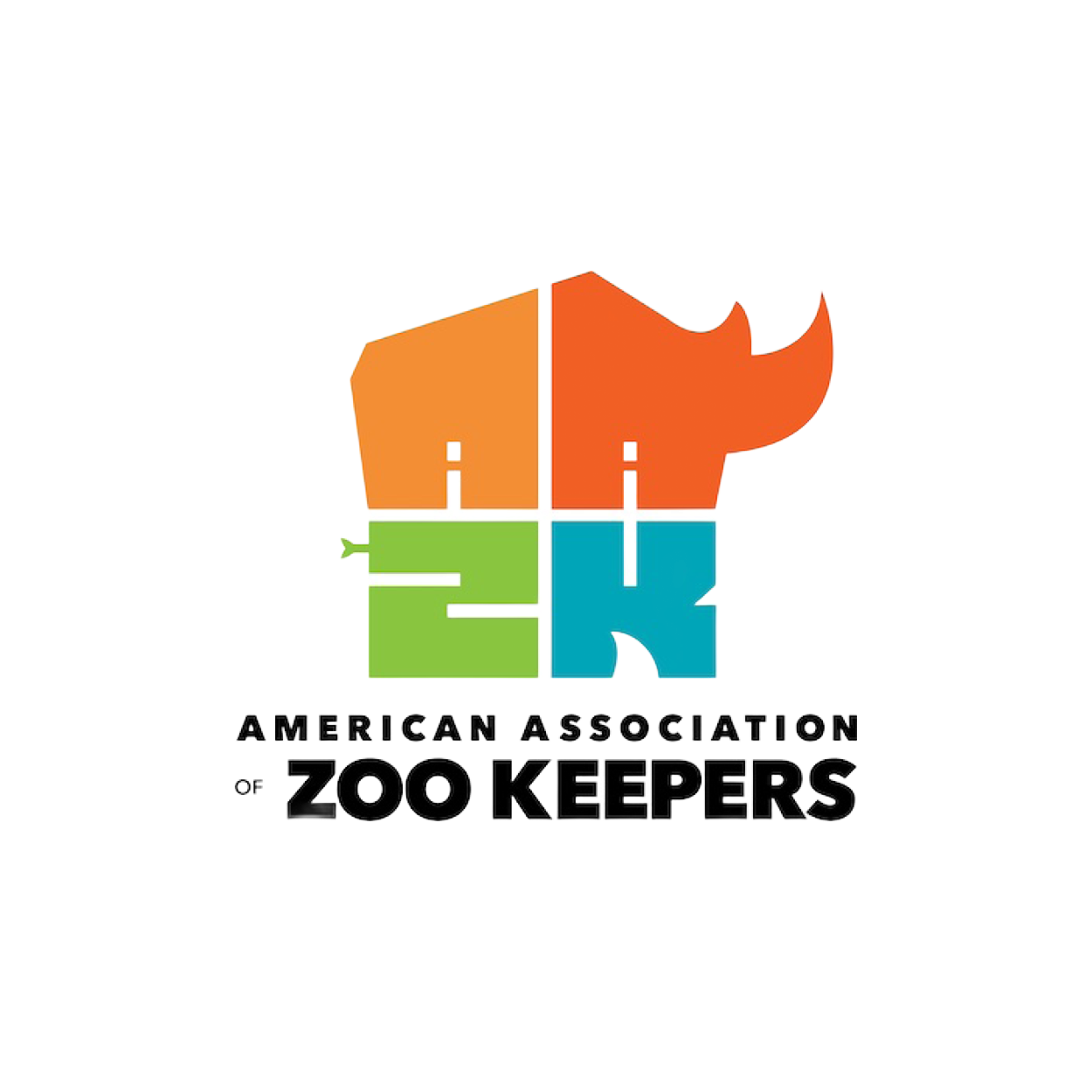 American Association of Zoo Keepers logo with orange and teal rhino and elephant shapes