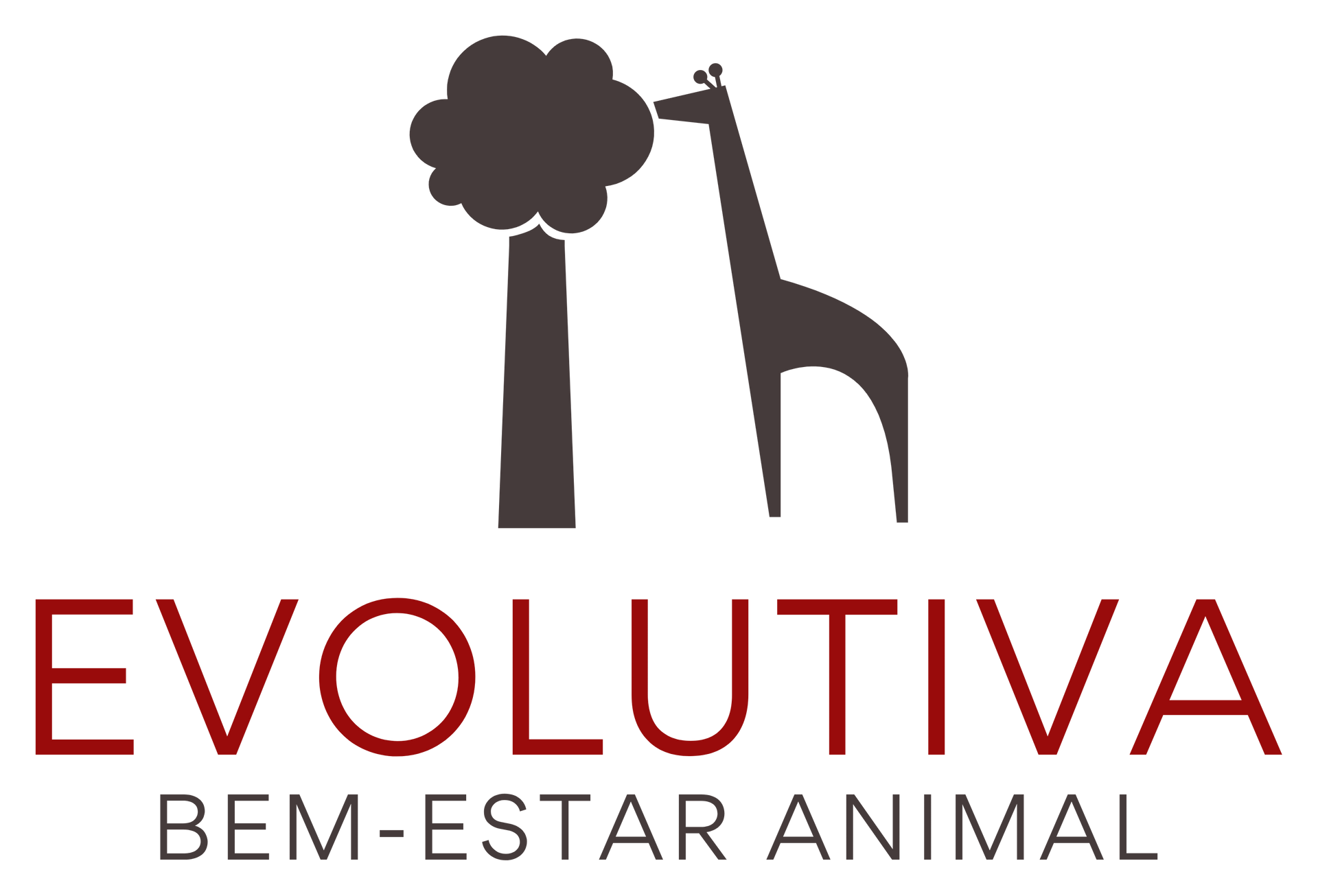Logo da Evolutiva Bem-Estar Animal com árvore e girafa estilizadas em marrom e vermelho