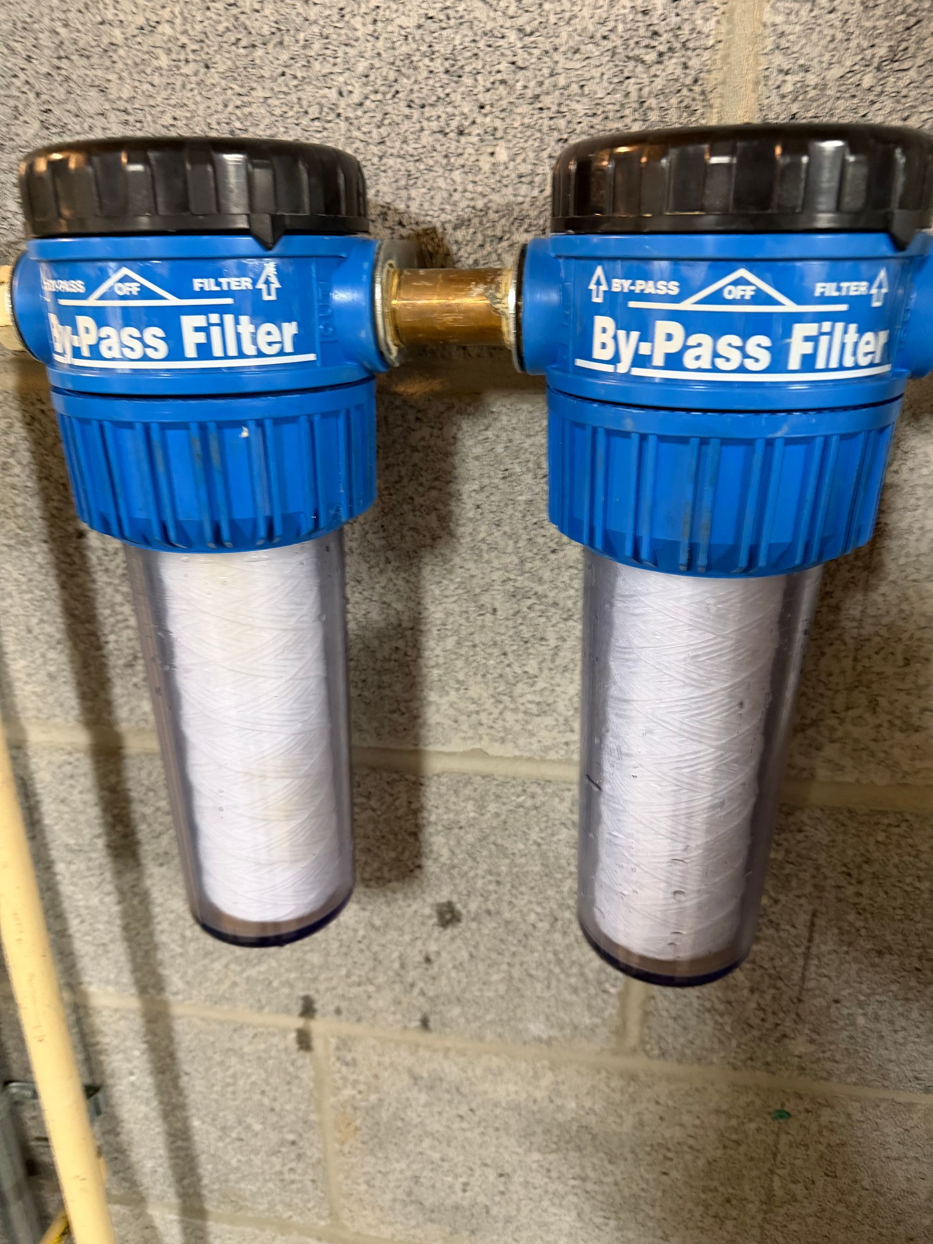 A white water heater is sitting in a basement next to a blue tank.