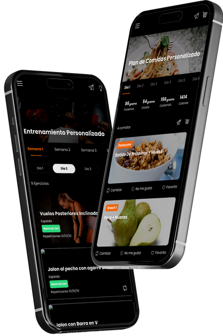 Two smartphones displaying food app interface, angled, black devices with white screens. WilFit