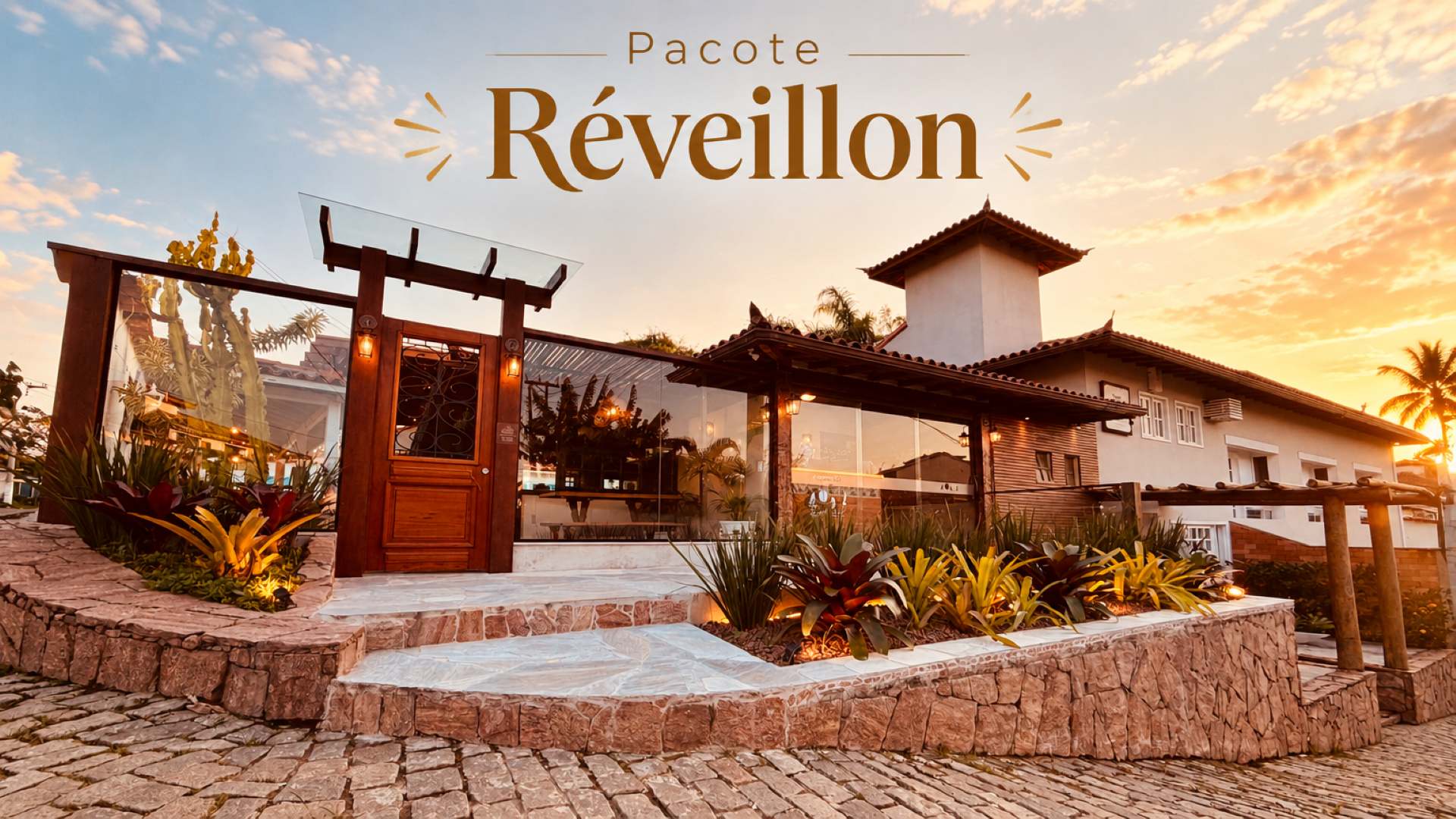 Pátio de resort junto à piscina ao pôr do sol, com água azul-turquesa, espreguiçadeiras e luzes aconchegantes